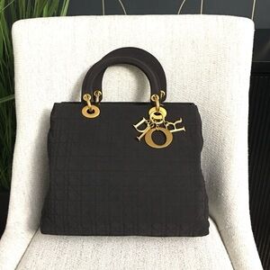 Authentic Christian Dior Lady Dior Canage Handbag black canvas